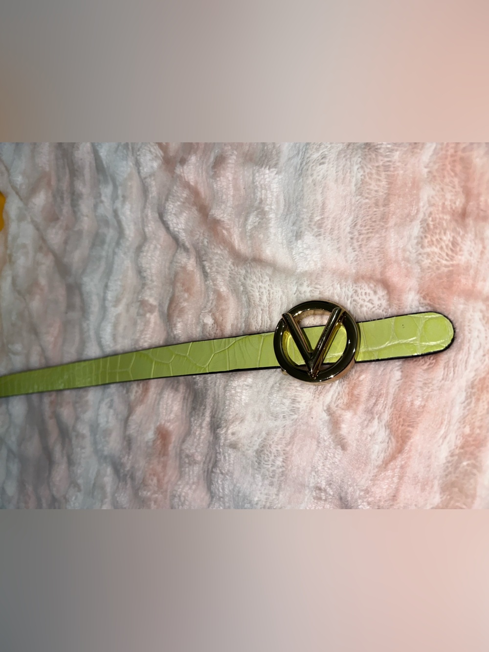 Valentino Lime Green Faux Croc Belt with Gold V Logo Buckle